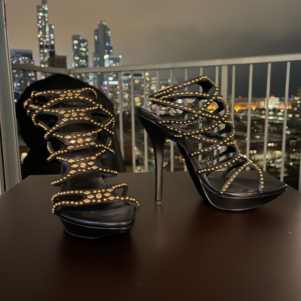 Versace Open Toe Gold Studded Heels, Size 39